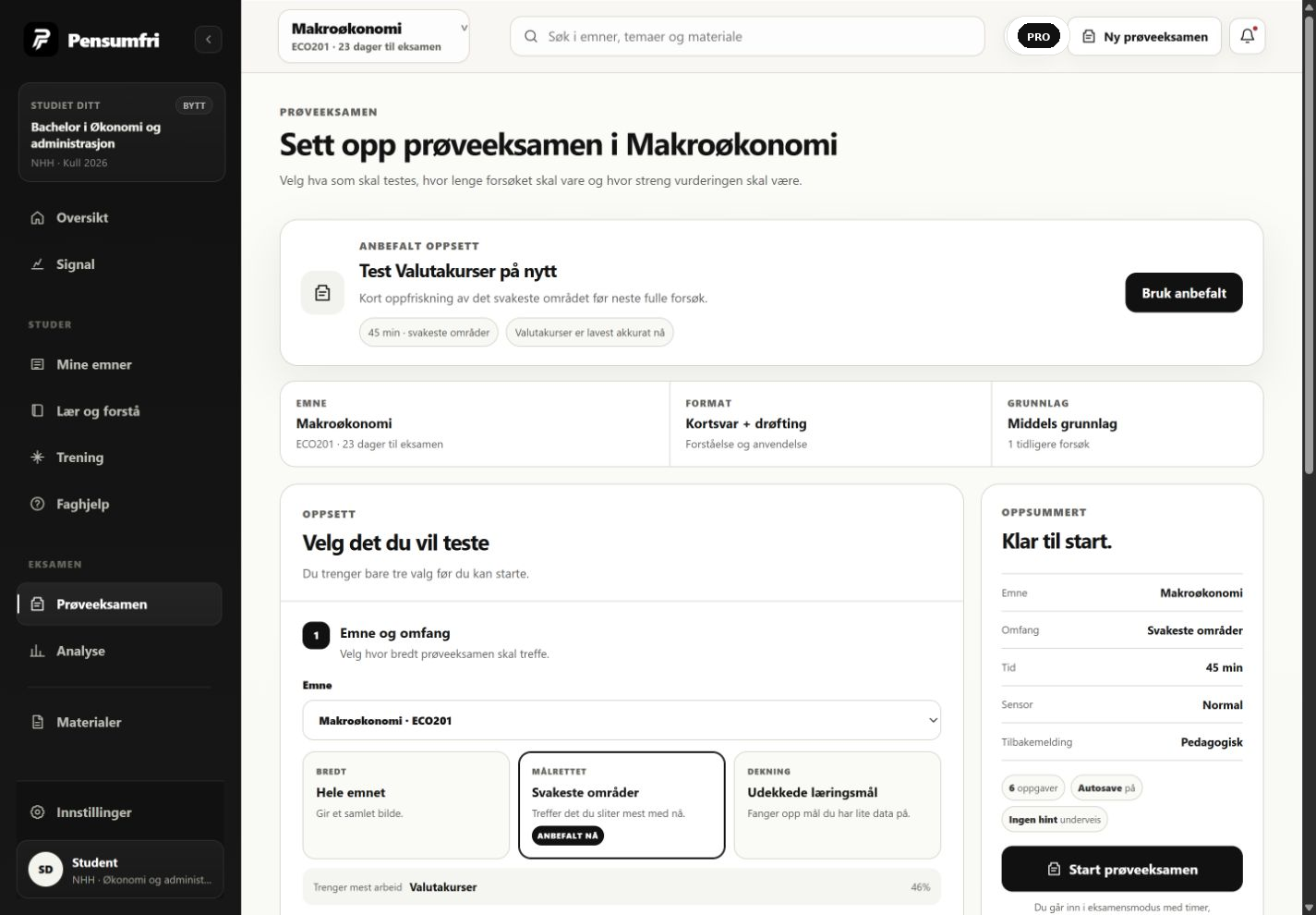 Prøveeksamen i Pensumfri med faktisk produktvisning av omfang, oppsummering, sensorprofil og tilbakemelding