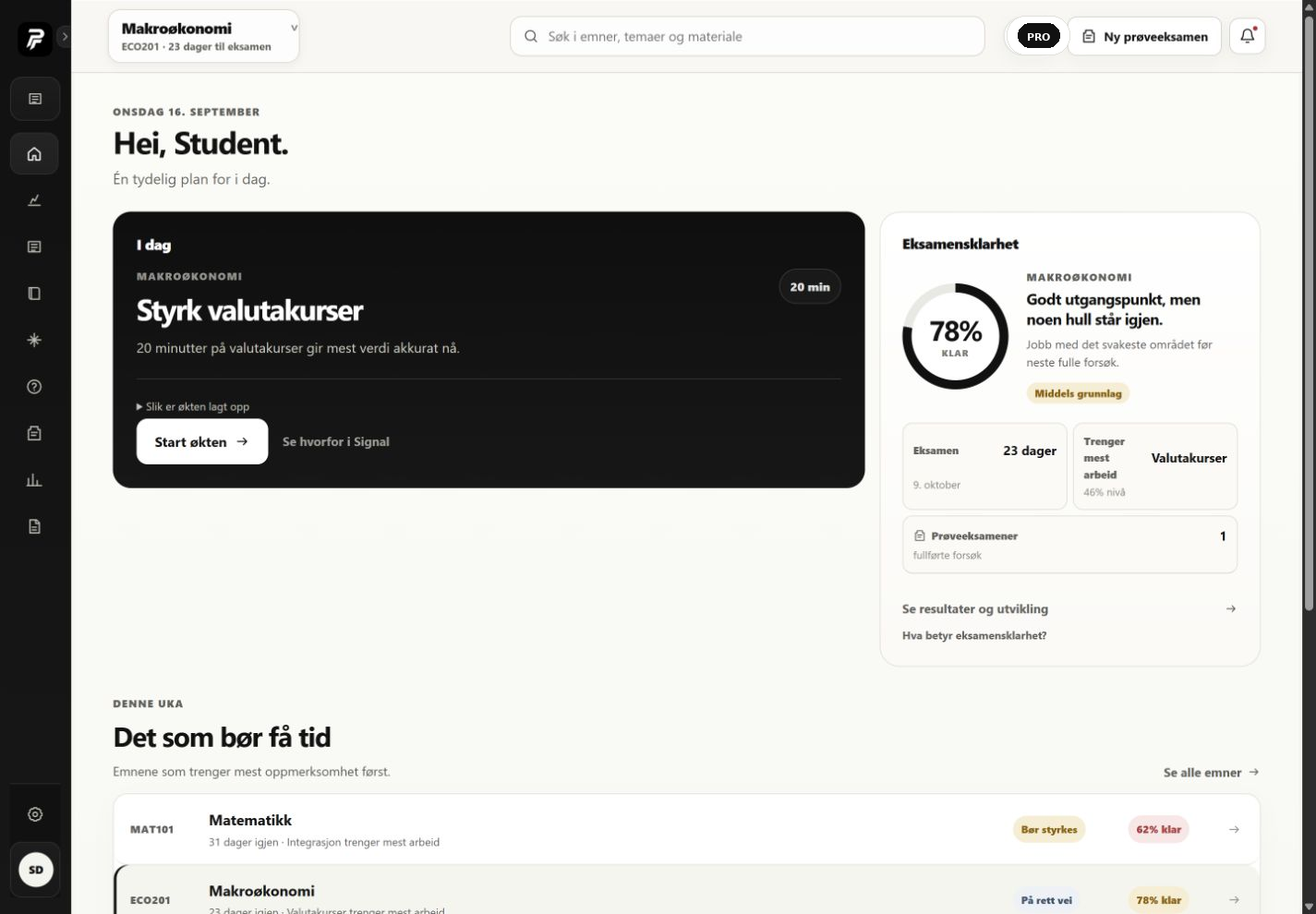 Pensumfri-dashboard med prioritert tema, eksamensklarhet og neste steg